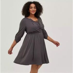 Torrid NWT Mini Challis Lace-Up Shirt Dress Gray Size 3 3X Stretch Long Sleeves